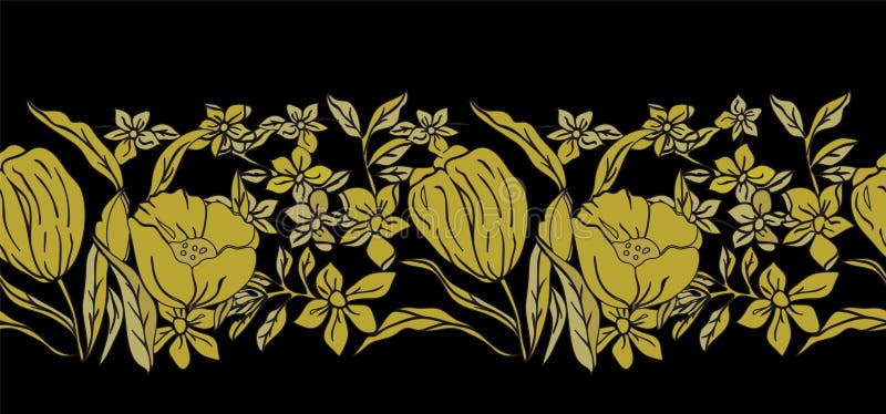 Illustrazione di vettore dei tulipani, delle iridi e dei papaveri stilizzati dell'oro su fondo nero illustrazione di stock Illustrazione di vettore dei tulipani, delle iridi e dei papaveri stilizzati dell'oro su fondo nero illustrazione di stock