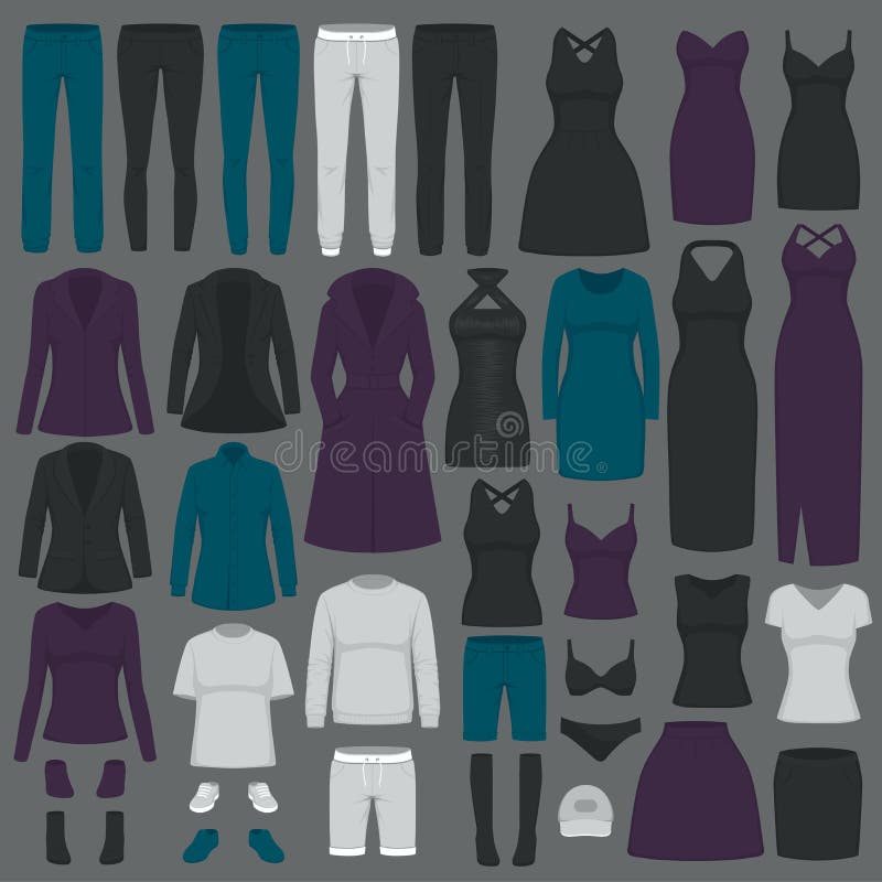 Illustrazione di vettore dei vestiti di modo delle donne dell'insieme royalty illustrazione gratis Illustrazione di vettore dei vestiti di modo delle donne dell'insieme royalty illustrazione gratis