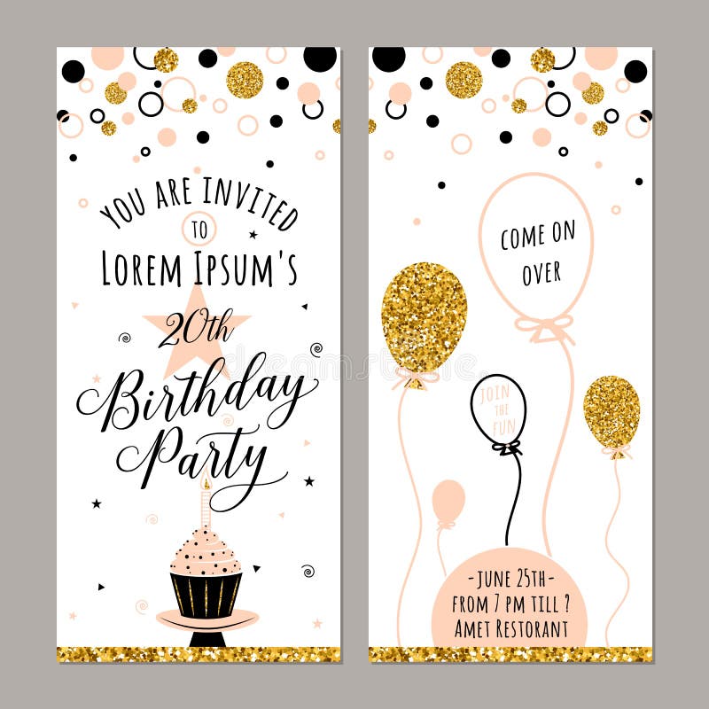 Illustrazione di vettore dell'invito di compleanno Fronte e lati posteriori Faccia festa il fondo con il bigné, l'impulso e le sc illustrazione vettoriale