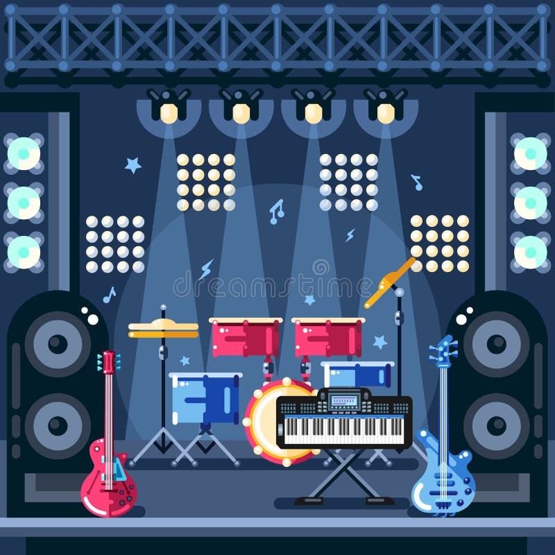 Illustrazione di vettore della fase di concerto rock Attrezzatura degli strumenti e dei riflettori di musica sulla scena Elementi royalty illustrazione gratis