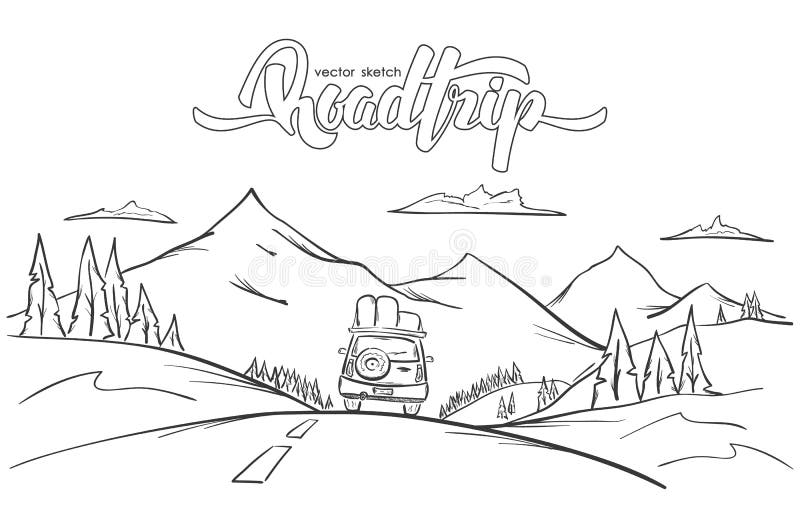 Illustrazione di vettore: Le montagne disegnate a mano abbelliscono con l'automobile di giri ed il viaggio stradale scritto a man