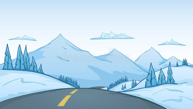 Illustrazione di vettore: Paesaggio disegnato a mano di inverno del fumetto con la strada su priorità alta e le montagne su fondo illustrazione di stock Illustrazione di vettore: Paesaggio disegnato a mano di inverno del fumetto con la strada su priorità alta e le montagne su fondo illustrazione di stock