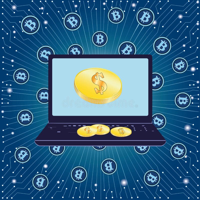 Illustrazione di vettore, di un colore blu, il dollaro ed il concetto-computer portatile del bitcoin e l'estrazione di soldi digi illustrazione di stock Illustrazione di vettore, di un colore blu, il dollaro ed il concetto-computer portatile del bitcoin e l'estrazione di soldi digi illustrazione di stock