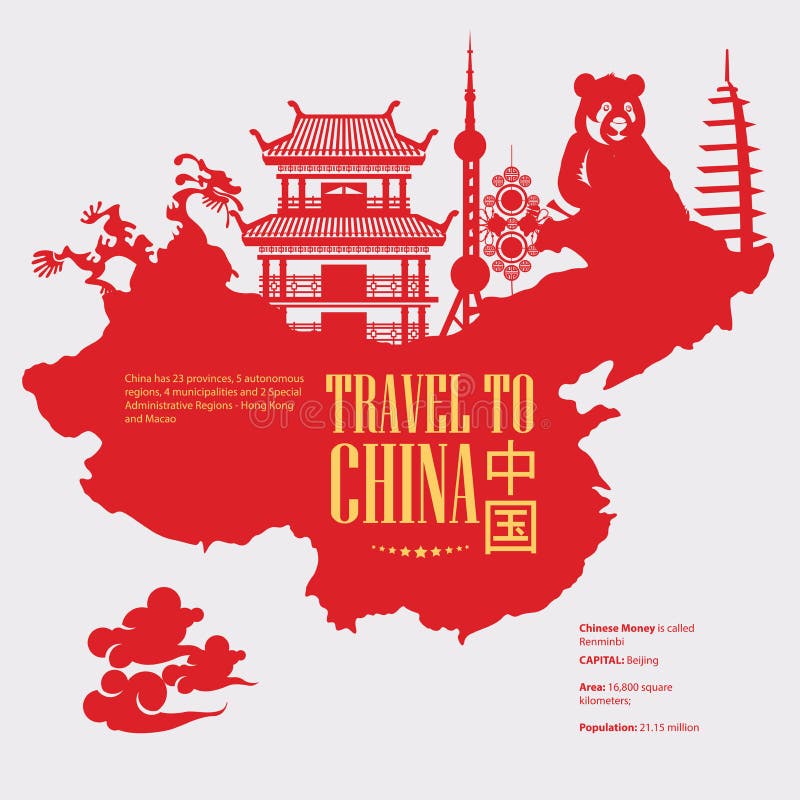 Illustrazione di viaggio della Cina con la mappa rossa cinese Il cinese ha messo con l'architettura, alimento, costumi, simboli t illustrazione di stock Illustrazione di viaggio della Cina con la mappa rossa cinese Il cinese ha messo con l'architettura, alimento, costumi, simboli t illustrazione di stock