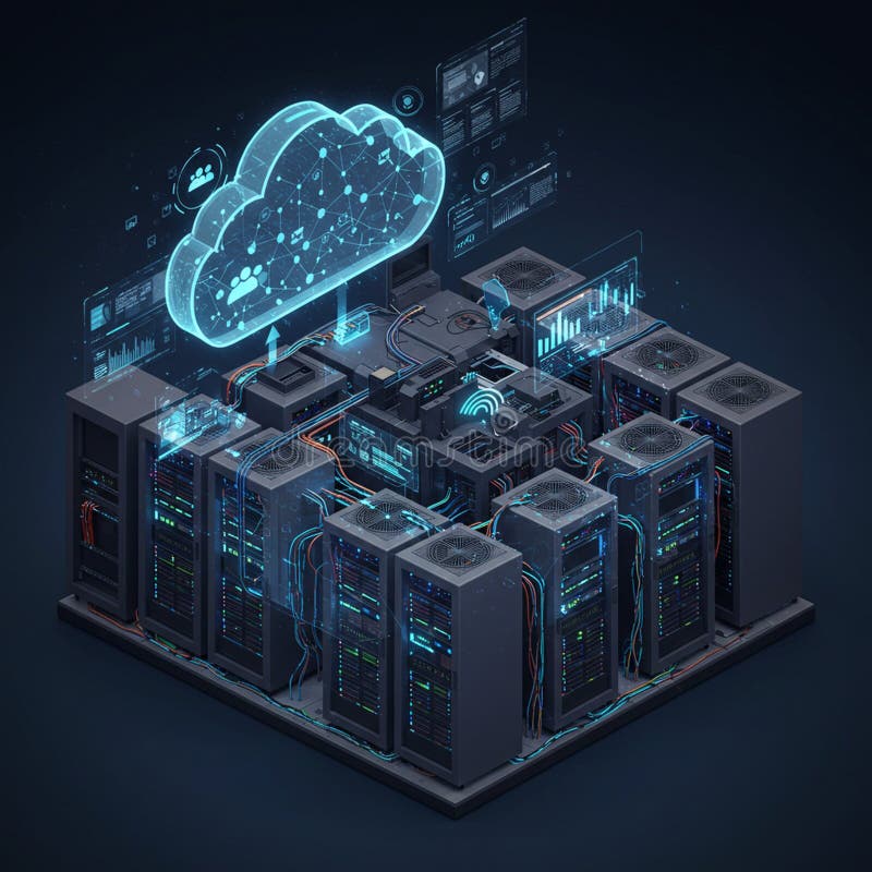 Illustrazione digitale di un centro dati con rack server interconnessi. Ogni server royalty illustrazione gratis