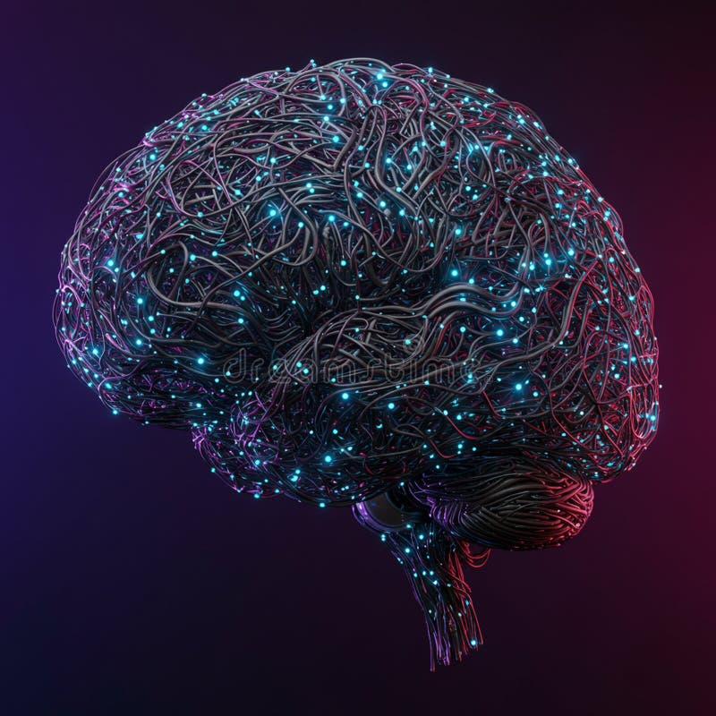 Illustrazione digitale di un cervello composto da cavi e cavi intrecciati illustrazione di stock