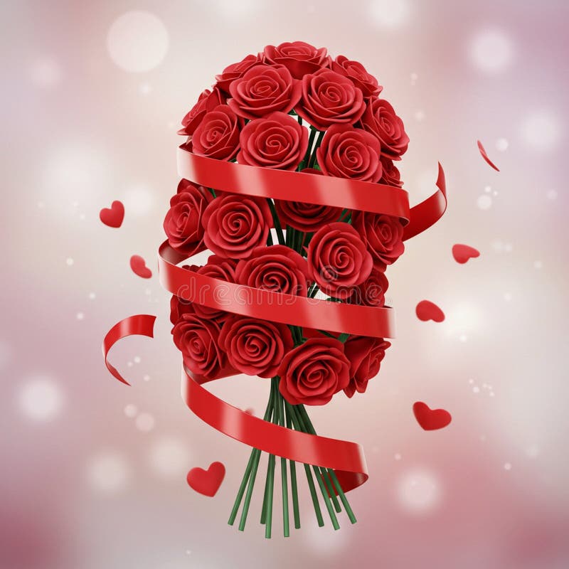Illustrazione digitale di un mazzo di rose rosse avvolte in una spirale di nastro rosso lucido. illustrazione vettoriale
