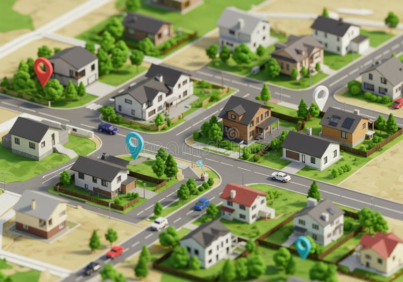 Illustrazione digitale di un quartiere periferico raffigurato in miniatura stilizzata illustrazione di stock