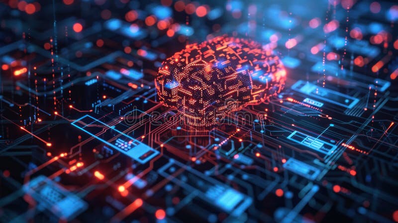Illustrazione digitale di una rete a forma di cervello su un circuito elettronico che simboleggia l'intelligenza artificiale e la royalty illustrazione gratis