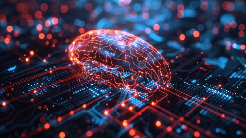 Illustrazione digitale di una rete a forma di cervello su un circuito elettronico che simboleggia l'intelligenza artificiale e la illustrazione di stock