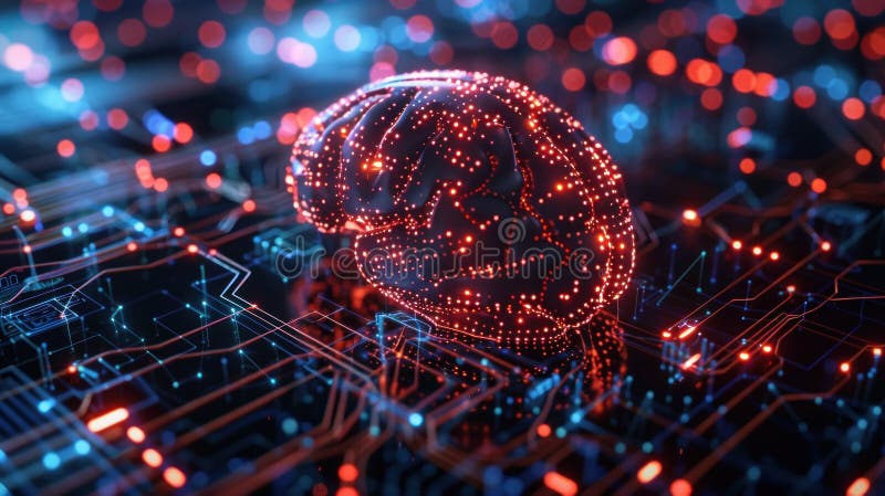 Illustrazione digitale di una rete a forma di cervello su un circuito elettronico che simboleggia l'intelligenza artificiale e la royalty illustrazione gratis