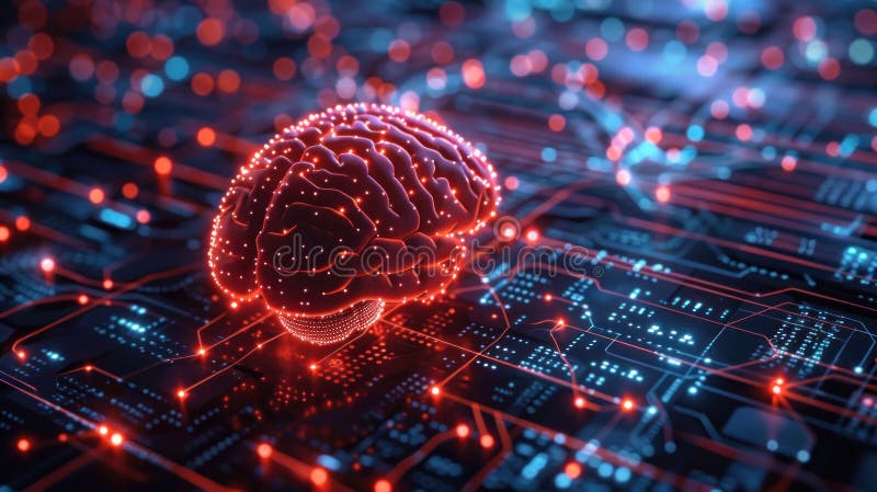 Illustrazione digitale di una rete a forma di cervello su un circuito elettronico che simboleggia l'intelligenza artificiale e la royalty illustrazione gratis