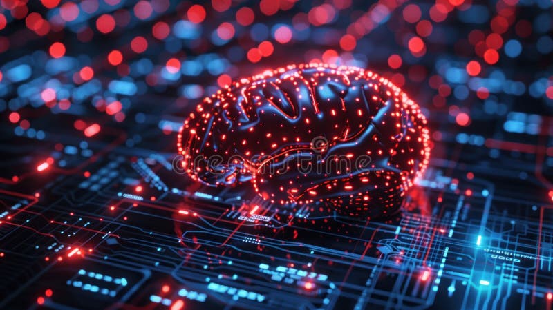 Illustrazione digitale di una rete a forma di cervello su un circuito elettronico che simboleggia l'intelligenza artificiale e la illustrazione vettoriale