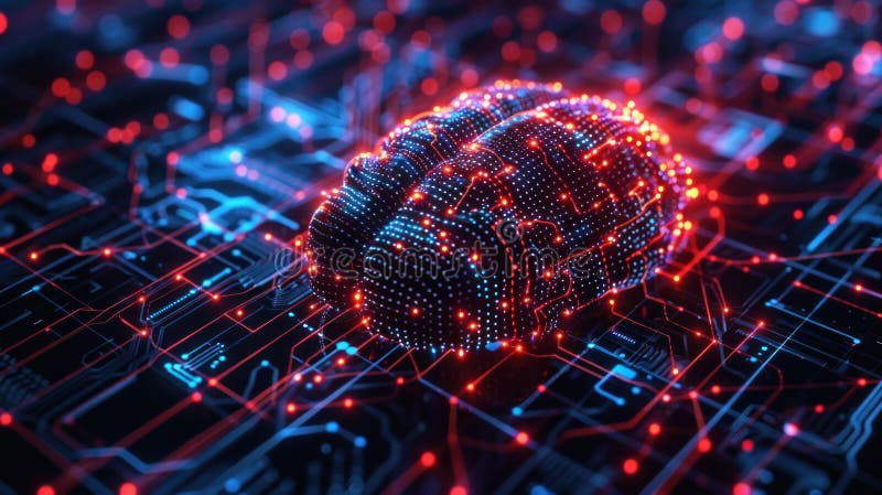 Illustrazione digitale di una rete a forma di cervello su un circuito elettronico che simboleggia l'intelligenza artificiale e la royalty illustrazione gratis