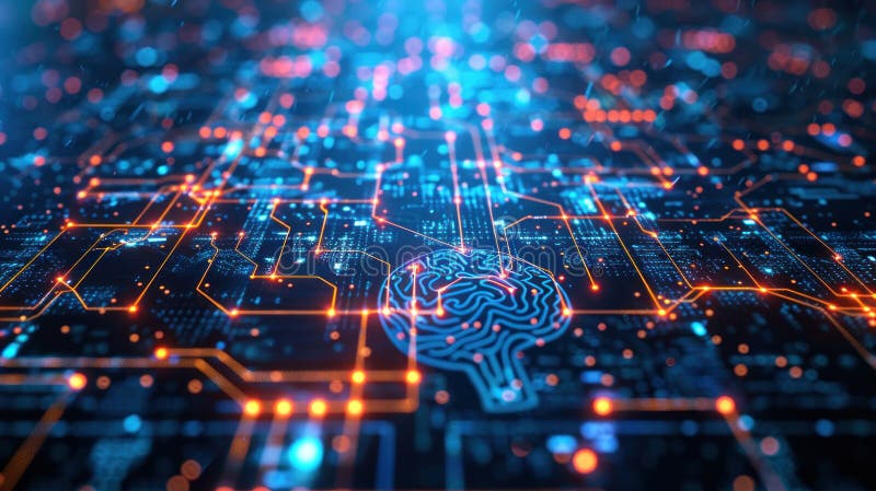 Illustrazione digitale di una rete a forma di cervello su un circuito elettronico che simboleggia l'intelligenza artificiale e la illustrazione di stock