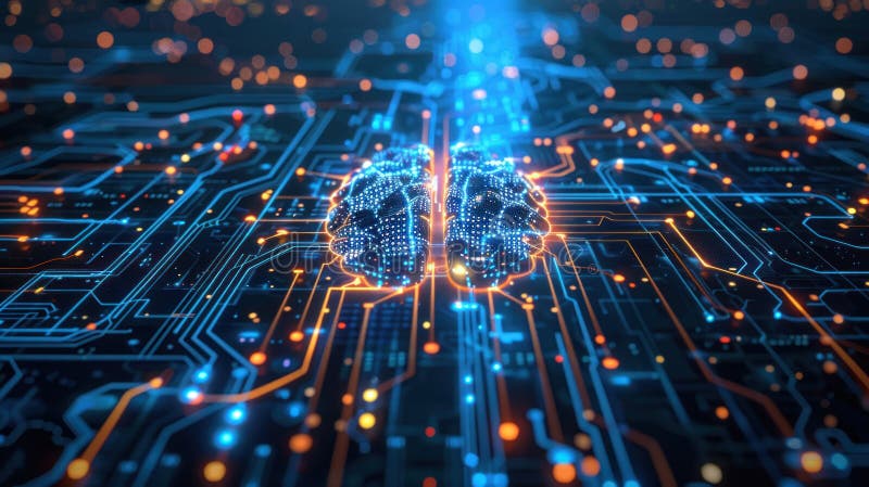 Illustrazione digitale di una rete a forma di cervello su un circuito elettronico che simboleggia l'intelligenza artificiale e la illustrazione di stock