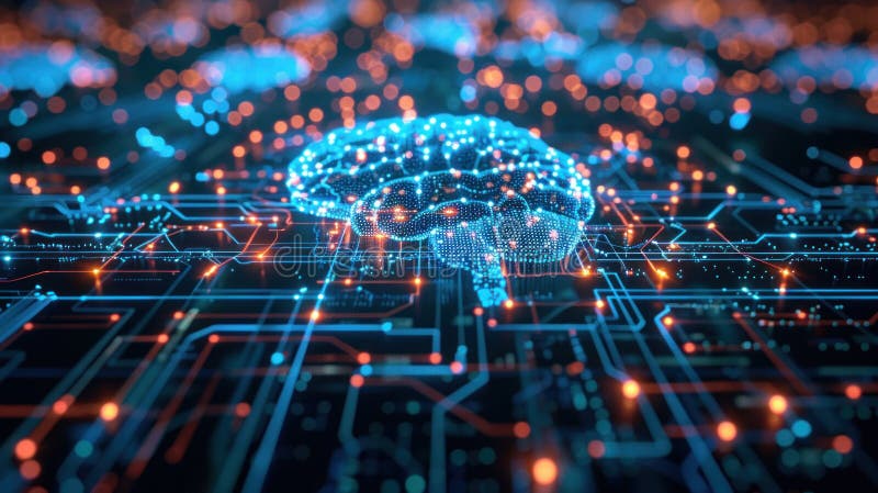 Illustrazione digitale di una rete a forma di cervello su un circuito elettronico che simboleggia l'intelligenza artificiale e la royalty illustrazione gratis