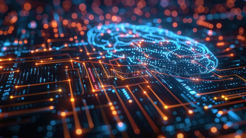 Illustrazione digitale di una rete a forma di cervello su un circuito elettronico che simboleggia l'intelligenza artificiale e la illustrazione vettoriale