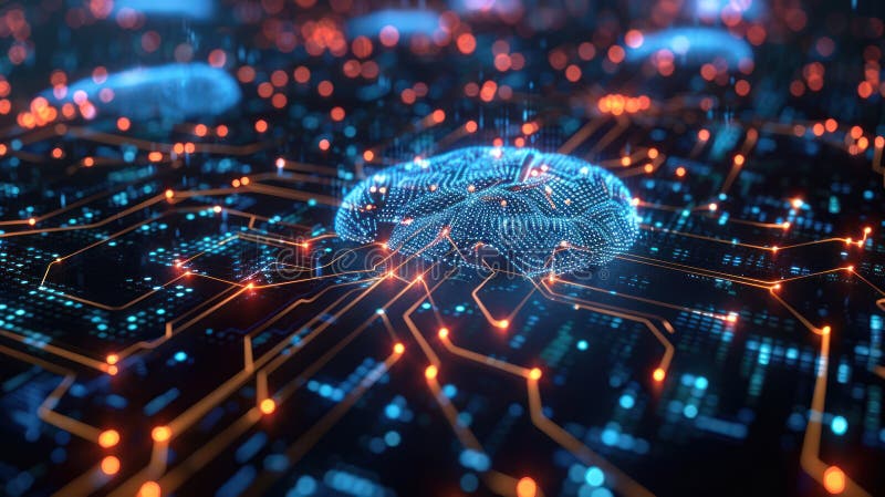 Illustrazione digitale di una rete a forma di cervello su un circuito elettronico che simboleggia l'intelligenza artificiale e la illustrazione di stock