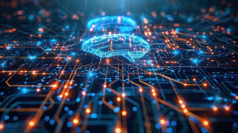 Illustrazione digitale di una rete a forma di cervello su un circuito elettronico che simboleggia l'intelligenza artificiale e la illustrazione vettoriale
