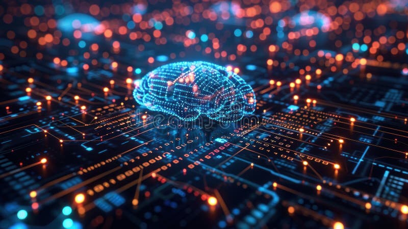 Illustrazione digitale di una rete a forma di cervello su un circuito elettronico che simboleggia l'intelligenza artificiale e la royalty illustrazione gratis