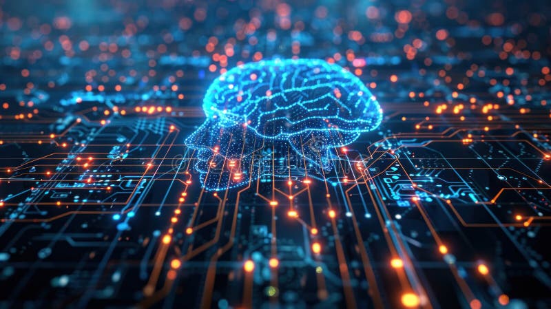 Illustrazione digitale di una rete a forma di cervello su un circuito elettronico che simboleggia l'intelligenza artificiale e la illustrazione vettoriale
