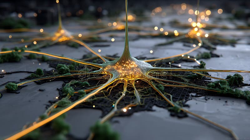 Illustrazione digitale di una rete neuronale progettata come paesaggio urbano. Neurone luminoso illustrazione di stock