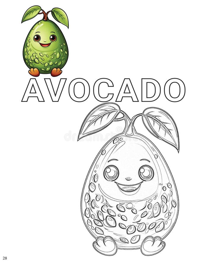 Illustrazione digitale vuota di un avocado per un libro colorante con l'immagine colorata come riferimento royalty illustrazione gratis
