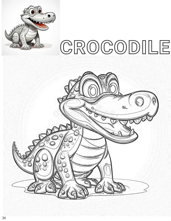 Illustrazione digitale vuota di un coccodrillo per un libro colorante con l'immagine colorata come riferimento illustrazione di stock