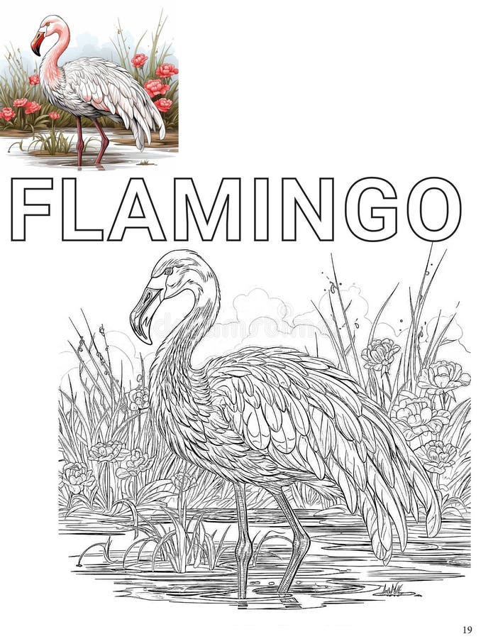 Illustrazione digitale vuota di un fenicottero per un libro colorante con l'immagine colorata come riferimento illustrazione di stock