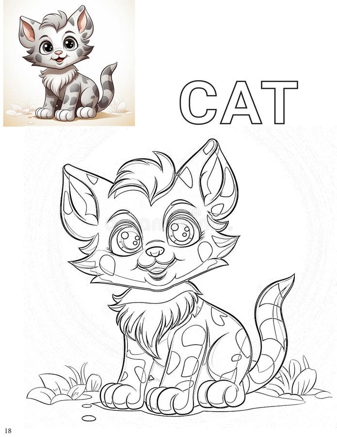 Illustrazione digitale vuota di un gatto per un libro da colorare con l'immagine colorata come riferimento royalty illustrazione gratis