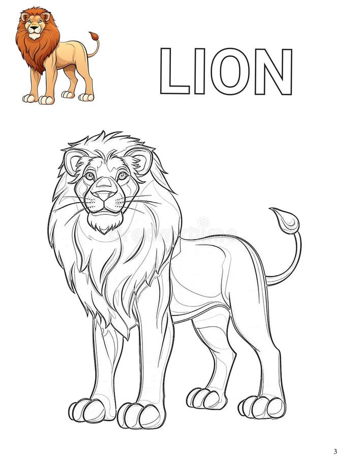 Illustrazione digitale vuota di un leone per un libro da colorare con l'immagine colorata come riferimento illustrazione di stock