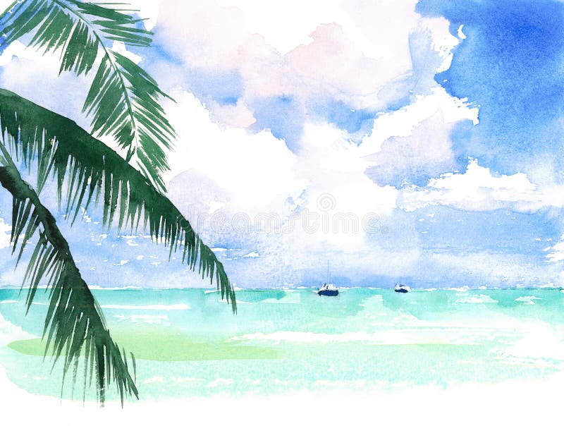 Illustrazione dipinta a mano dell'acquerello della costa di vista sul mare della spiaggia scenica esotica caraibica tropicale del