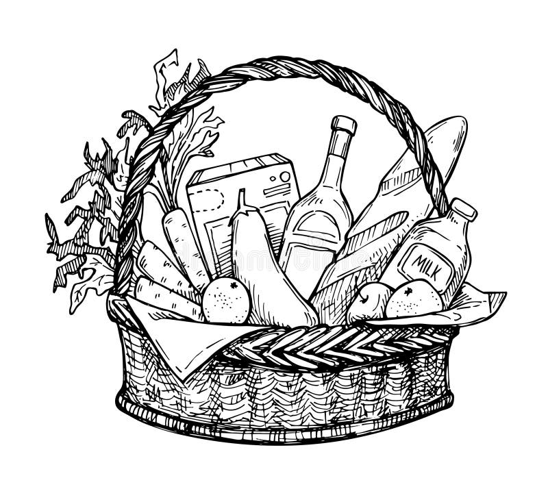 Illustrazione disegnata a mano di vettore - cestino della spesa del supermercato royalty illustrazione gratis Illustrazione disegnata a mano di vettore - cestino della spesa del supermercato royalty illustrazione gratis
