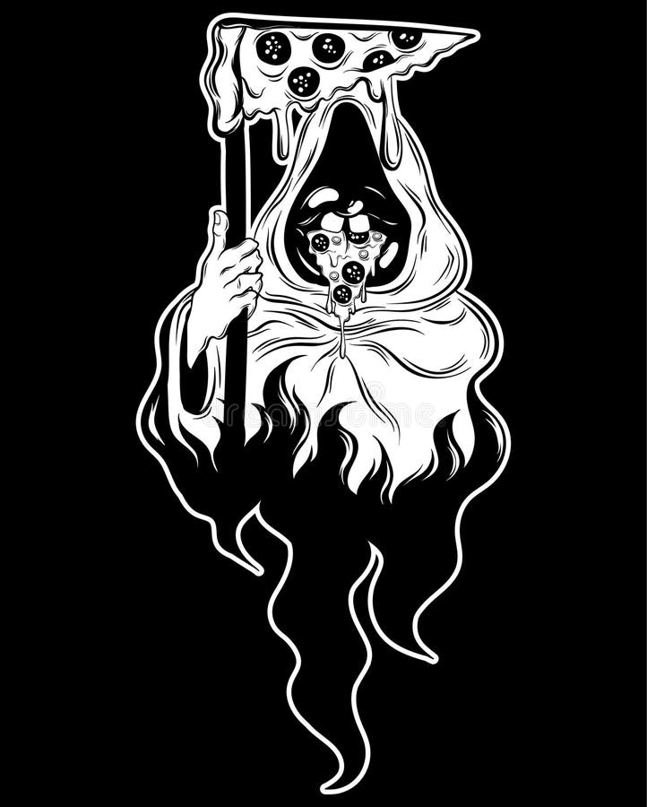 Illustrazione disegnata a mano di vettore della morte con la fetta di pizza illustrazione di stock Illustrazione disegnata a mano di vettore della morte con la fetta di pizza illustrazione di stock