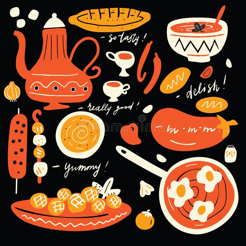 Illustrazione disegnata a mano divertente di cucina del Medio-Oriente tradizionale con le citazioni scritte mano circa alimento s