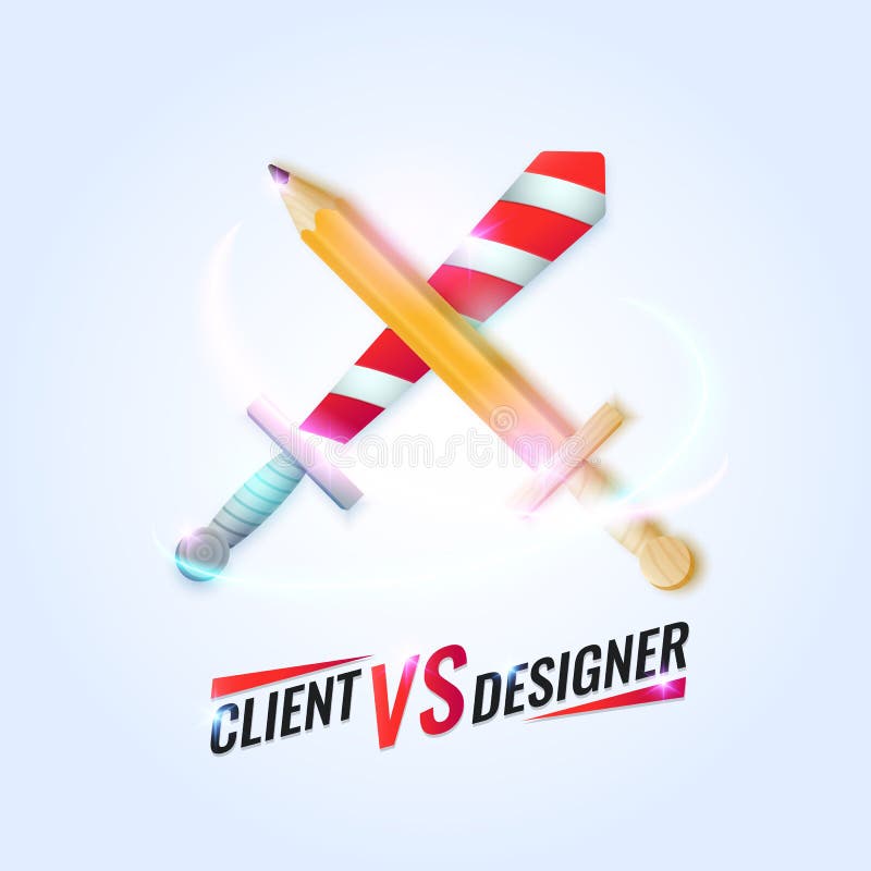 Illustrazione divertente di vettore di un cliente contro il progettista con la spada attraversata e la matita Manifesto fresco lu illustrazione vettoriale Illustrazione divertente di vettore di un cliente contro il progettista con la spada attraversata e la matita Manifesto fresco lu illustrazione vettoriale