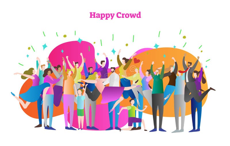 Illustrazione felice di vettore della folla L'uomo e la donna con le mani sollevate celebra la vittoria o la vittoria Partito uma illustrazione vettoriale Illustrazione felice di vettore della folla L'uomo e la donna con le mani sollevate celebra la vittoria o la vittoria Partito uma illustrazione vettoriale
