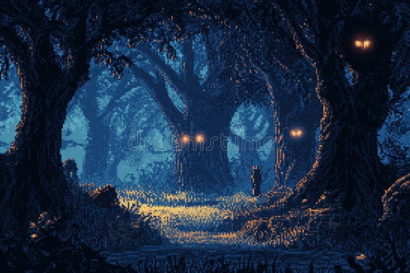 Illustrazione foresta scura. occhi accesi nelle ombre. alberi. esploratori individuali. notte misteriosa royalty illustrazione gratis