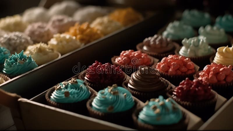 Illustrazione generata di una scatola di cartone con un assortimento di torte colorate all'interno. royalty illustrazione gratis