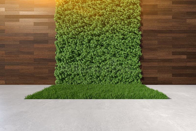 Illustrazione generica in 3d di giardini verticali e pareti di legno con pavimento di calcestruzzo moderno illustrazione di stock