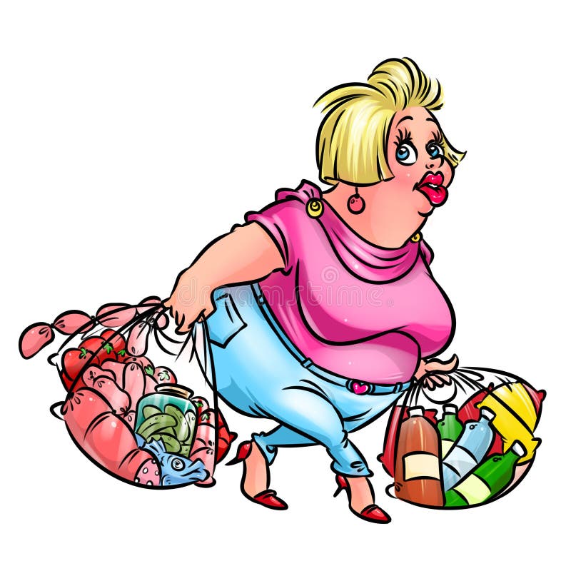 Illustrazione grassa del fumetto dei prodotti di acquisto della donna royalty illustrazione gratis Illustrazione grassa del fumetto dei prodotti di acquisto della donna royalty illustrazione gratis