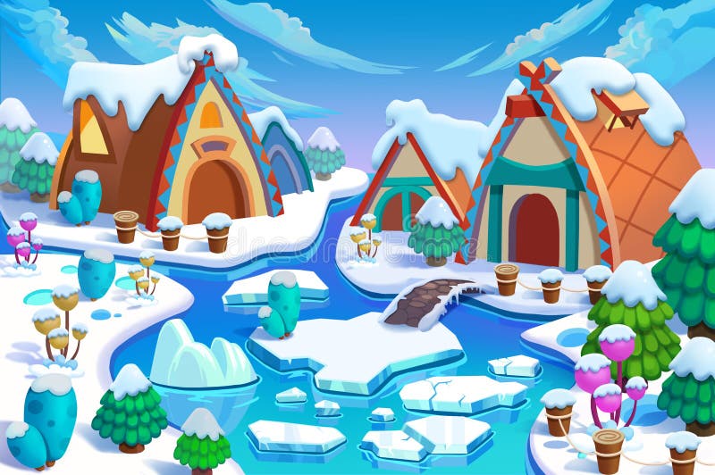 Illustrazione: I cottage dell'essere umano nella terra della neve nella grande era glaciale! Cabina, recinto, pianta, fiume del g