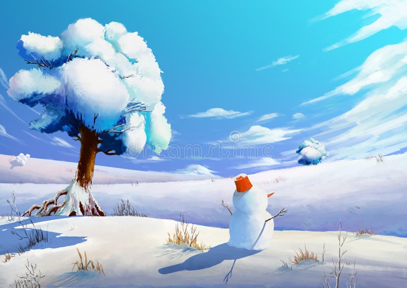 Illustrazione: Il campo di neve di inverno con il pupazzo di neve