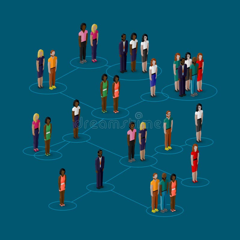 Vector 3d isometric illustration of society members with men and women. population. social network concept. Vector 3d isometric illustration of society members with men and women. population. social network concept