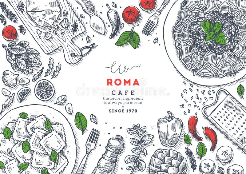 Illustrazione italiana di vista superiore del menu del ristorante Spagetti e fondo della tavola dei ravioli Illustrazione incisa illustrazione vettoriale Illustrazione italiana di vista superiore del menu del ristorante Spagetti e fondo della tavola dei ravioli Illustrazione incisa illustrazione vettoriale