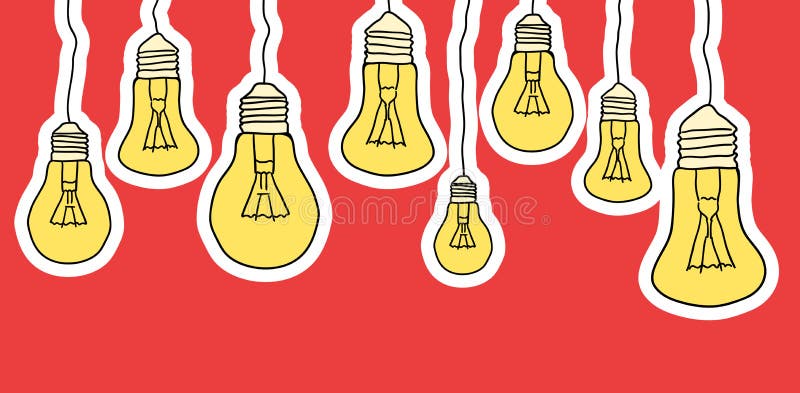 Linear illustration of cartoon hanging light bulbs on red background. Border. Vector element for your creativity. Linear illustration of cartoon hanging light bulbs on red background. Border. Vector element for your creativity