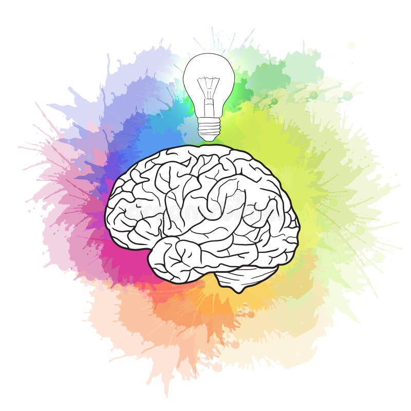 Illustrazione lineare di cervello umano con la lampadina illustrazione di stock Illustrazione lineare di cervello umano con la lampadina illustrazione di stock