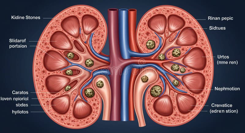 Illustrazione medica generata dall'AI che mostra una sezione trasversale di reni con parti e pietre marcate illustrazione di stock