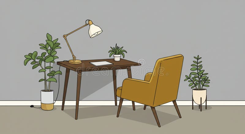 Illustrazione minimalista dell'area di lavoro con tavolo di legno, poltrona beige e scrivania royalty illustrazione gratis